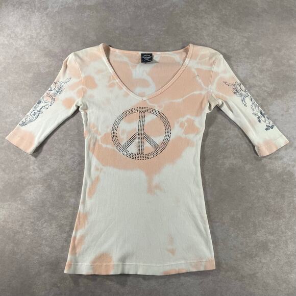 Vintage Tops - Vintage Women's 90s Sledge USA Tie Dye Peace Sign Rhinestone Ribbed Top Small